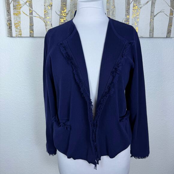 J McLaughlin Marie Cardigan Open Front Fringed Cotton Navy Blue Large - Picture 2 of 7